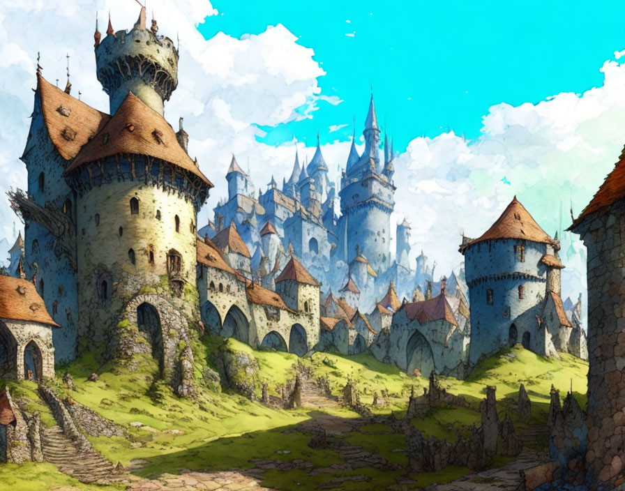 Illustrated Medieval Fantasy Castle with Spires and Towers