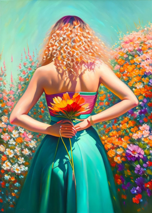 Woman standing in blooming garden with flower, sunlit hair, and colorful dress