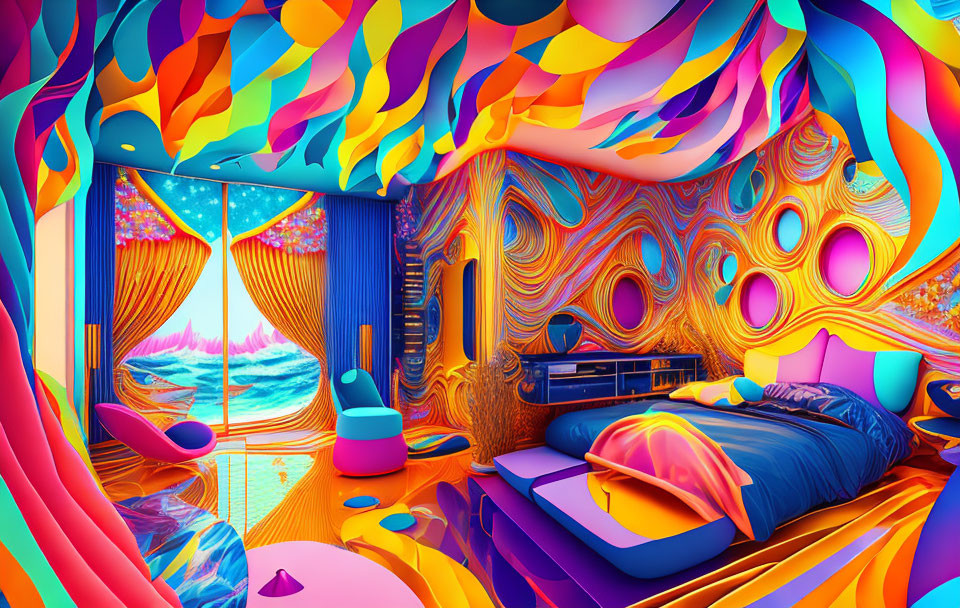 Colorful Psychedelic Room with Retro Furniture & Starry Night View