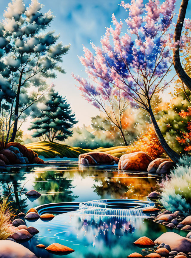 Colorful nature scene with trees, waterfall, and reflective water.