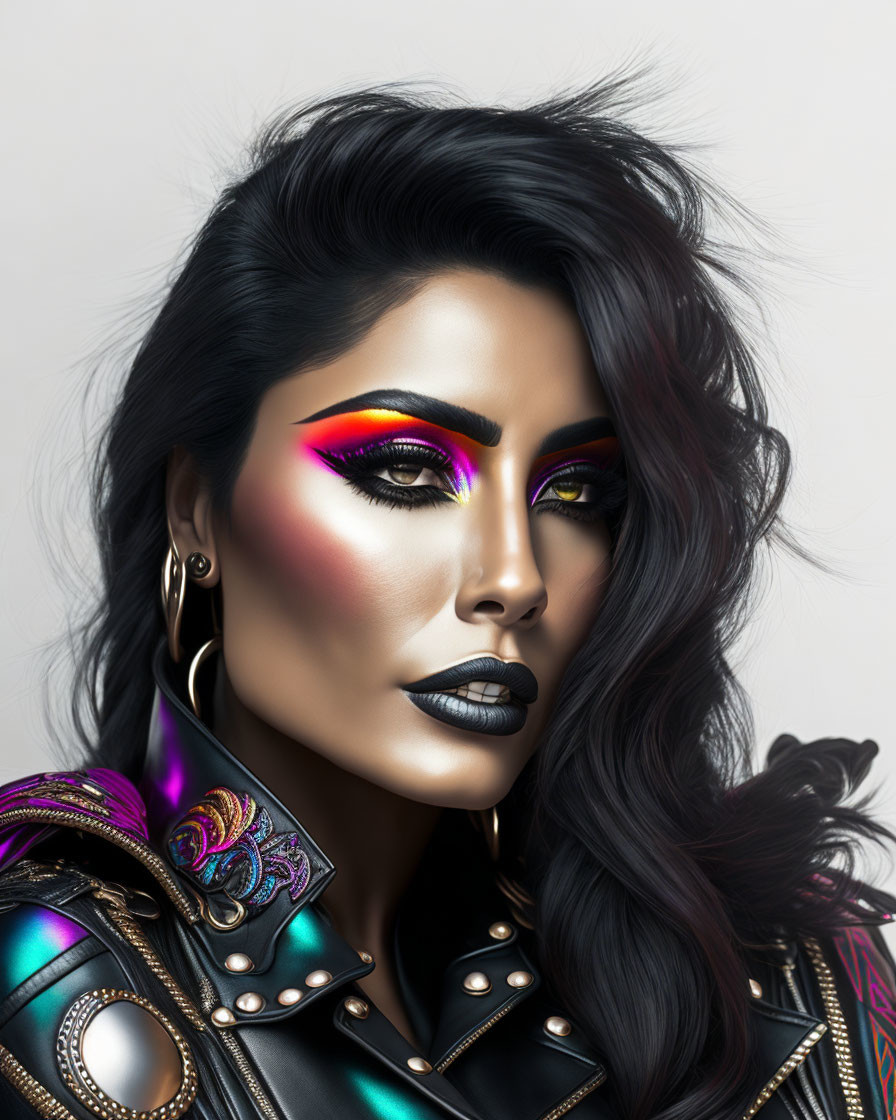 Vibrant digital artwork of a woman with colorful makeup and detailed leather jacket