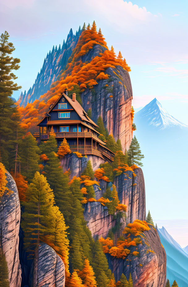 Wooden house on cliff with autumn trees and mountain against clear sky