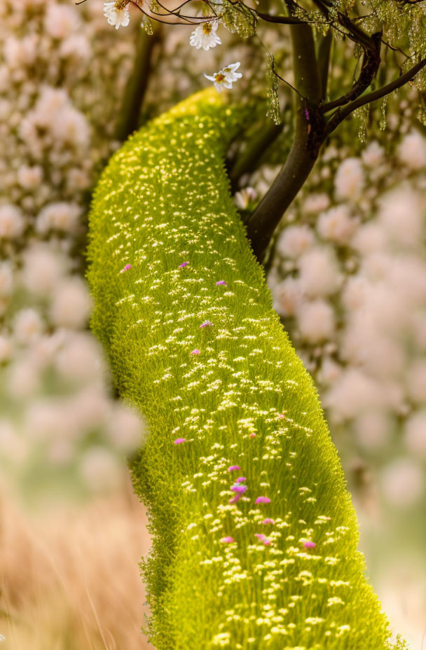 Green plant with pink and white flowers on soft-focus backdrop