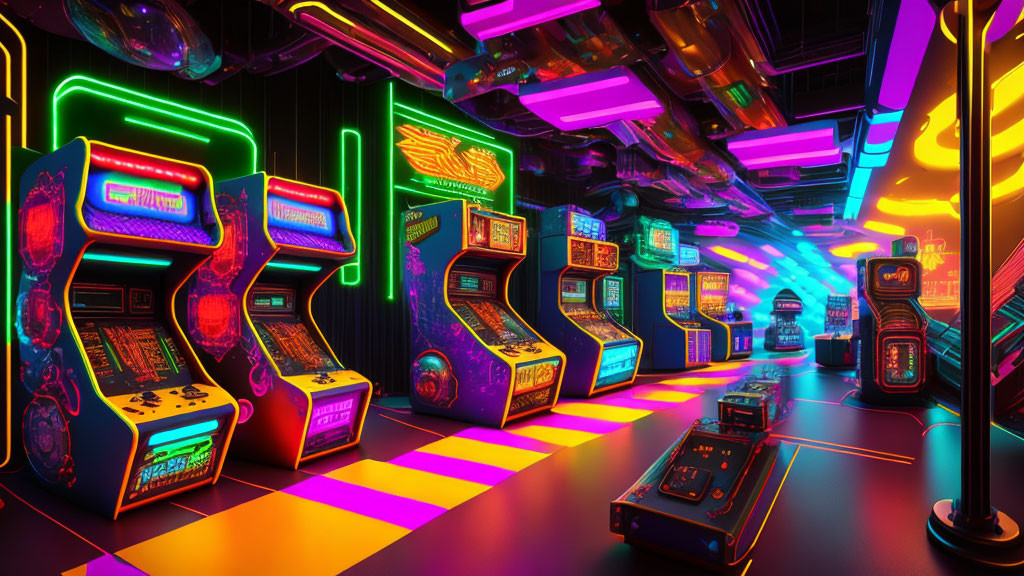 Neon-lit retro arcade room with illuminated floor tiles