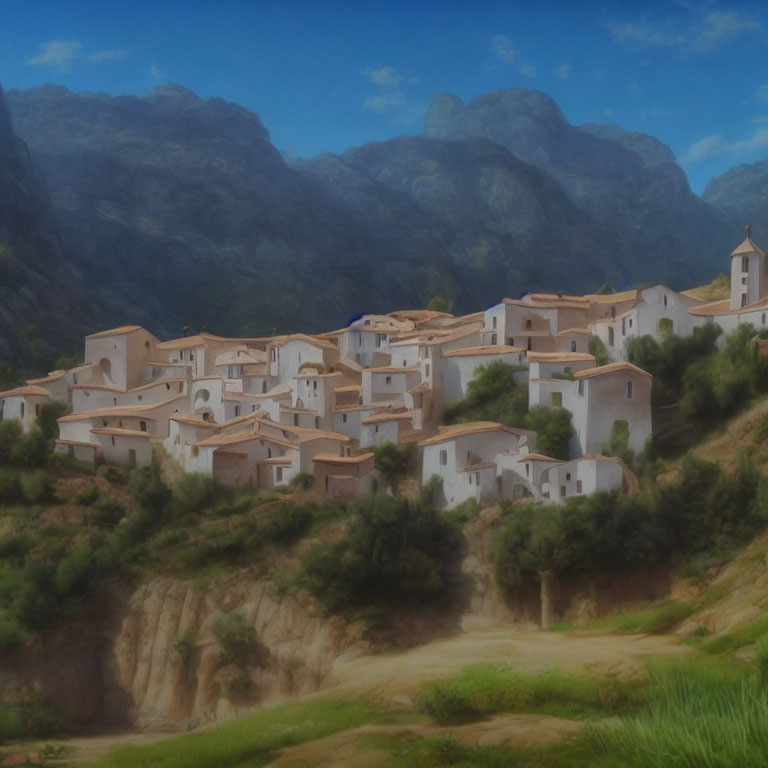 Scenic village with white buildings, rolling hills, and mountain backdrop