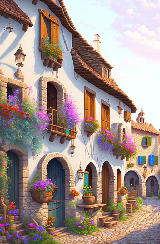 Charming White Stone Houses with Vibrant Flowers