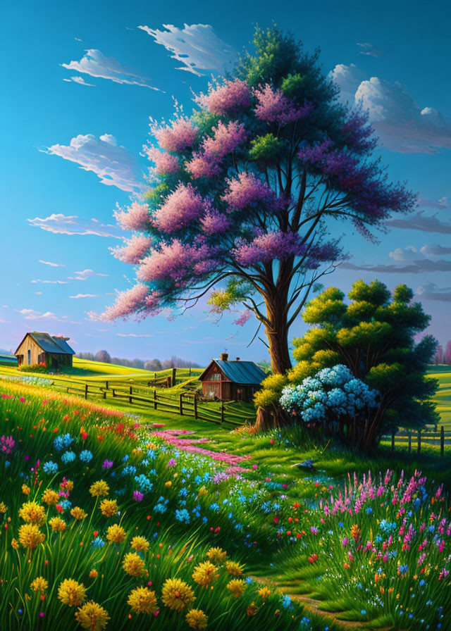 Colorful tree, blooming flowers, houses in a vibrant landscape