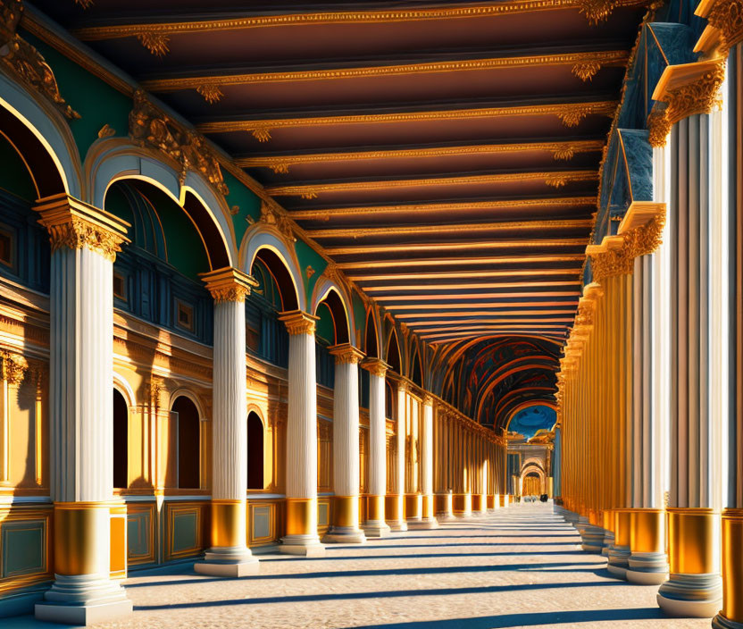 Opulent corridor with golden columns and blue arches