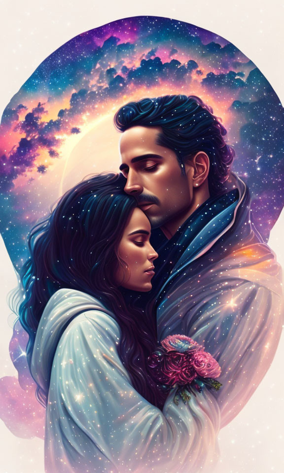 Illustrated couple embraces in cosmic setting with stars and nebulae