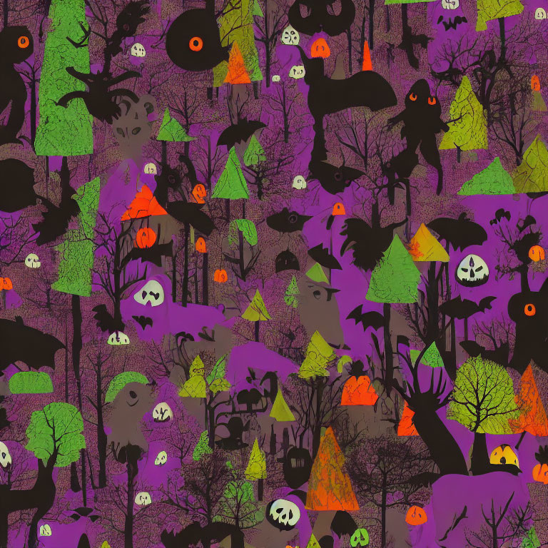 Colorful Halloween Illustration with Spooky Silhouettes and Jack-o'-lanterns