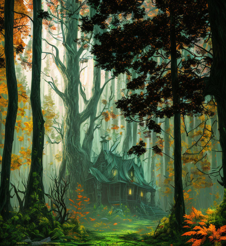 Mystical cottage in enchanting forest with towering trees