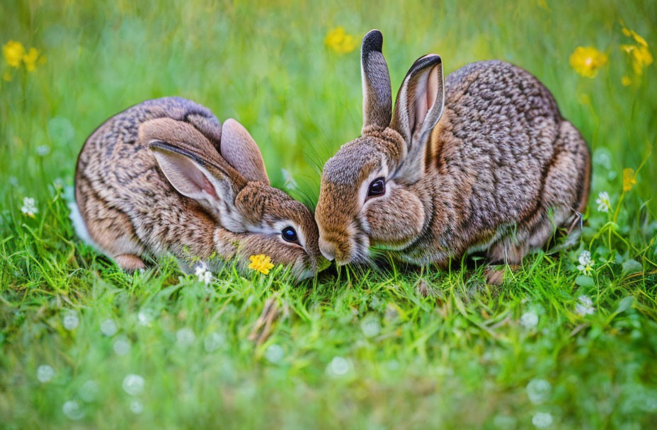 Rabbits snuggling in lush green meadow with yellow flowers