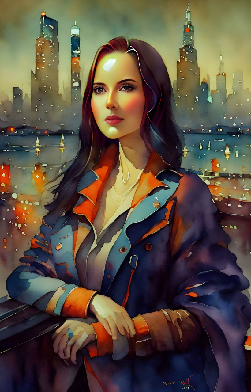 Stylized portrait of woman in coat against vibrant cityscape at dusk