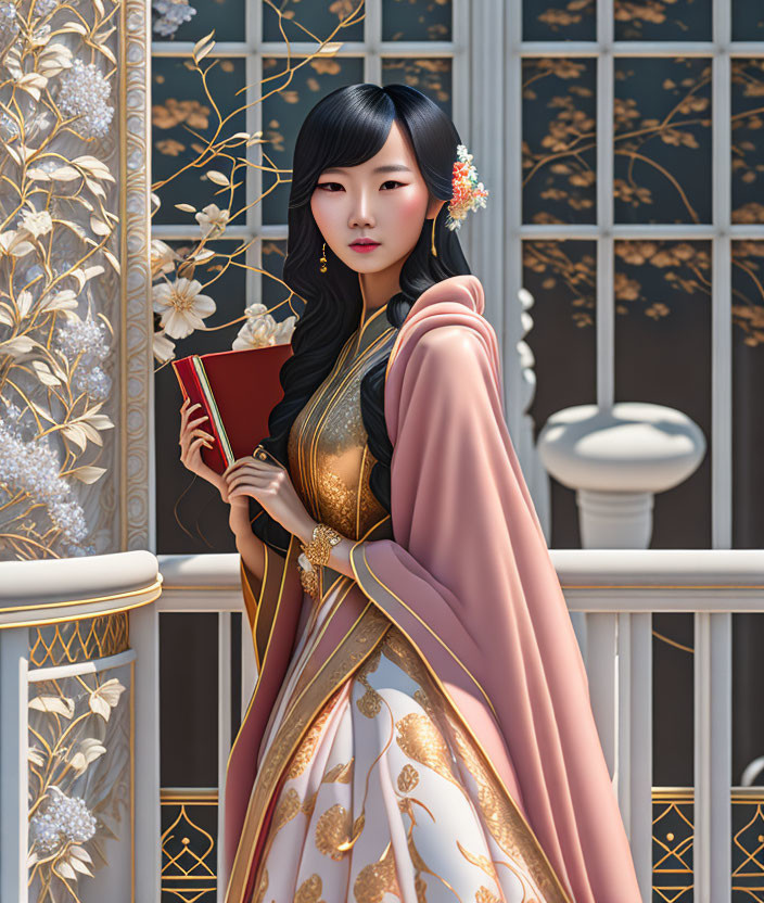 Illustrated woman in traditional Asian attire with red book by ornate railing.