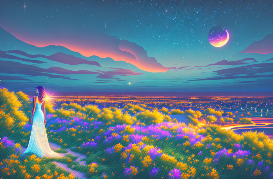 Surreal landscape with silhouetted figure, vibrant flowers, colorful sunset, crescent moon