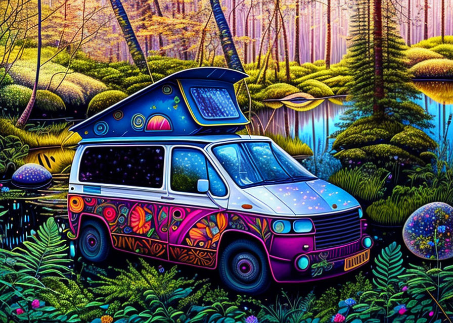 Colorful Psychedelic Van in Neon Forest with River and Glowing Orbs