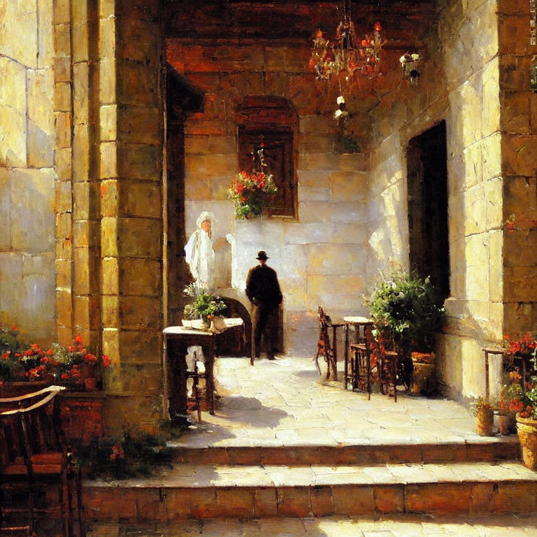 Sunlit courtyard painting with stone walls, figures, and arched doorway