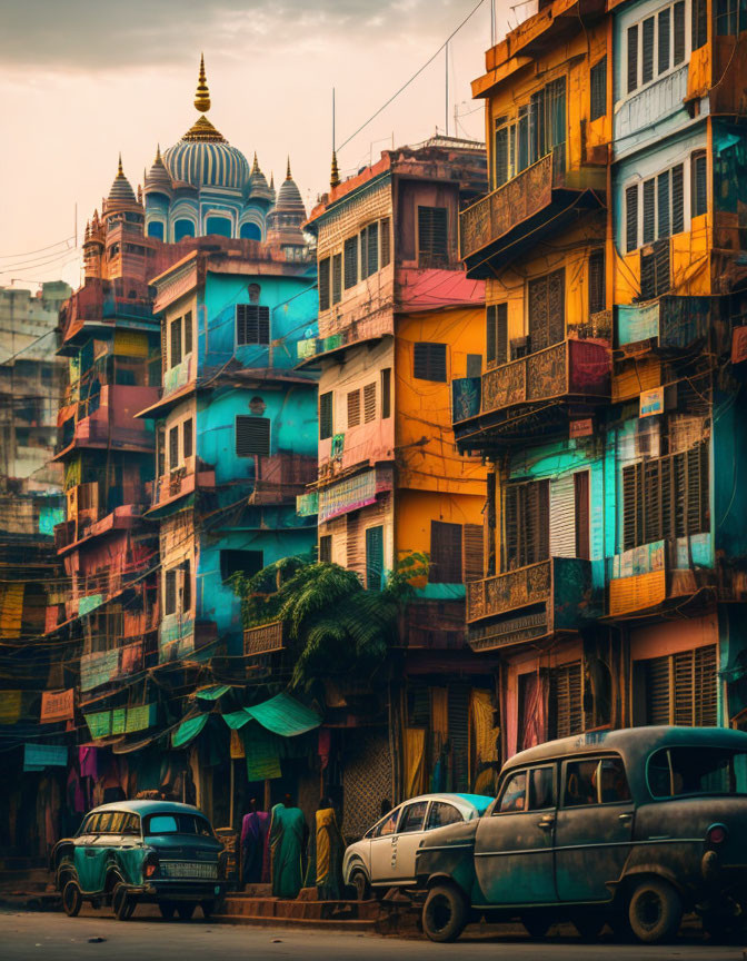 Colorful Street Scene with Vintage Cars and Temple Domes