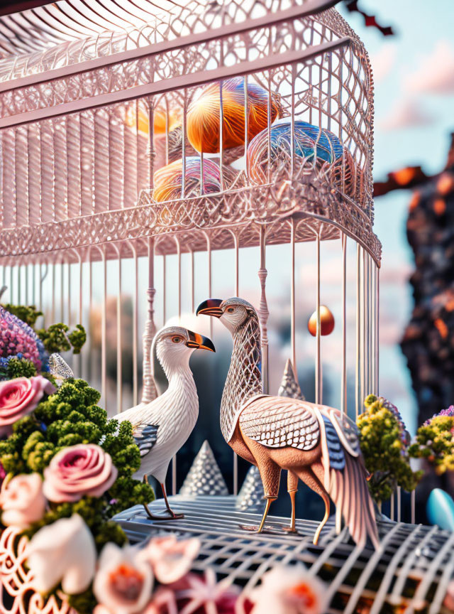 Ornate metallic birds in decorative birdcage with colorful flowers