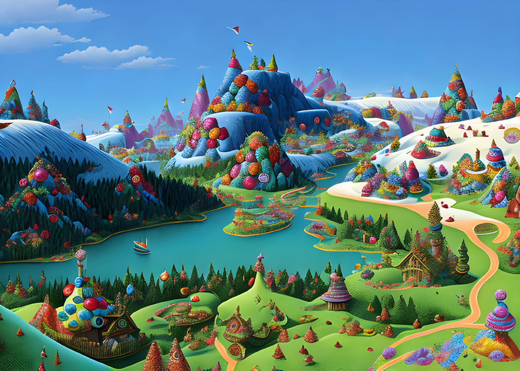 Colorful, patterned hills and charming houses in whimsical landscape