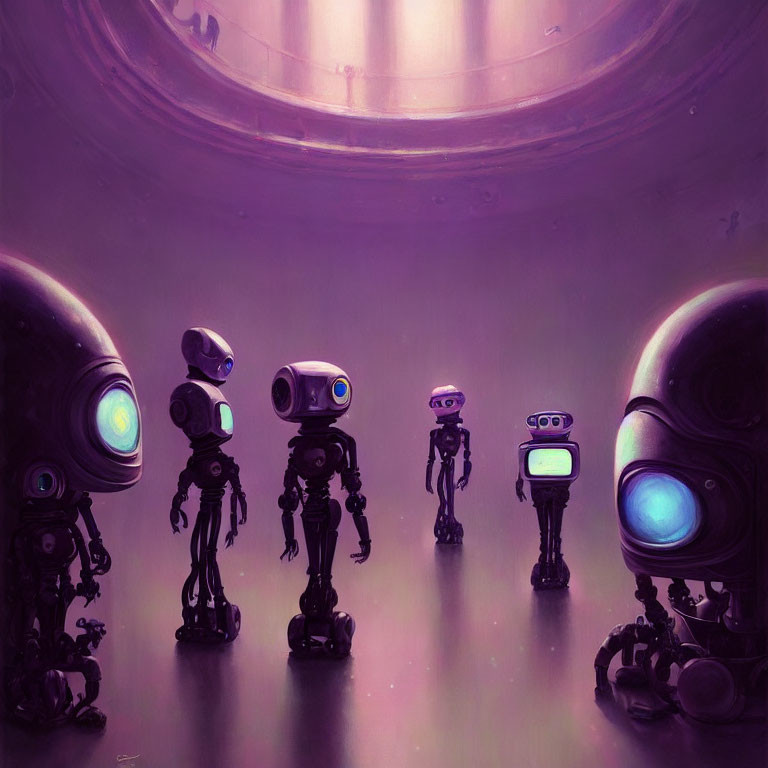 Group of stylized robots under soft purple light: Futuristic illustration