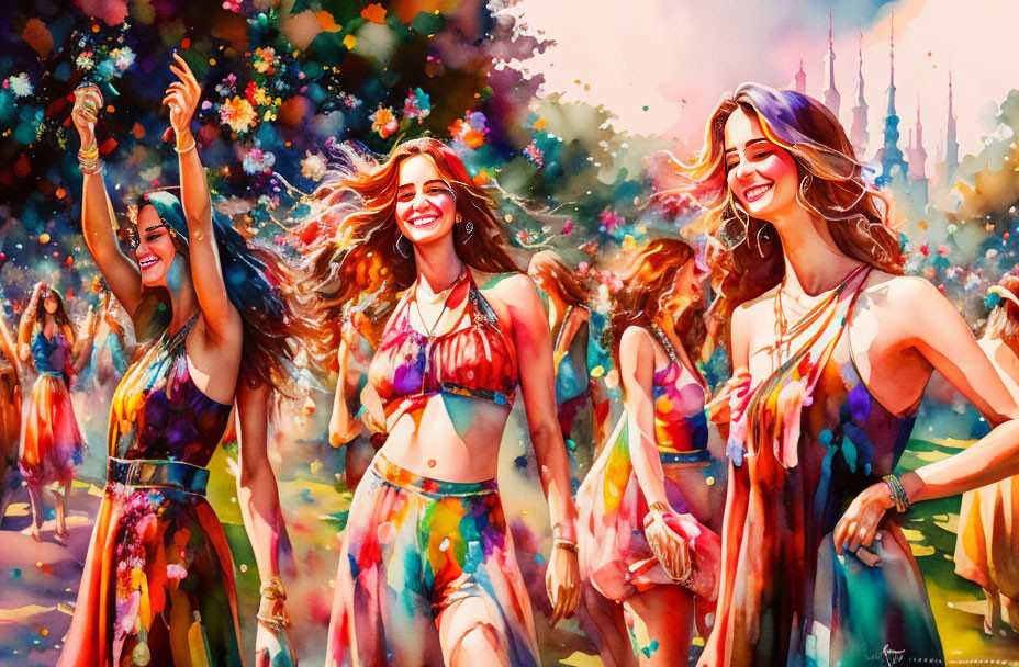 Vibrant festival attire: Three women dance in colorful scenery