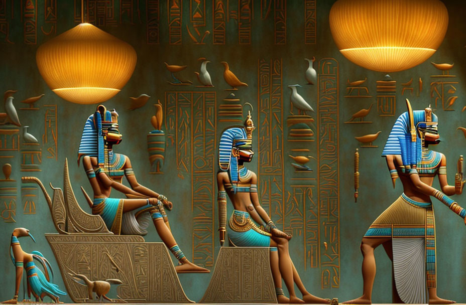 Ancient Egyptian figures in traditional garb with hieroglyphs and bird motifs under warm lighting