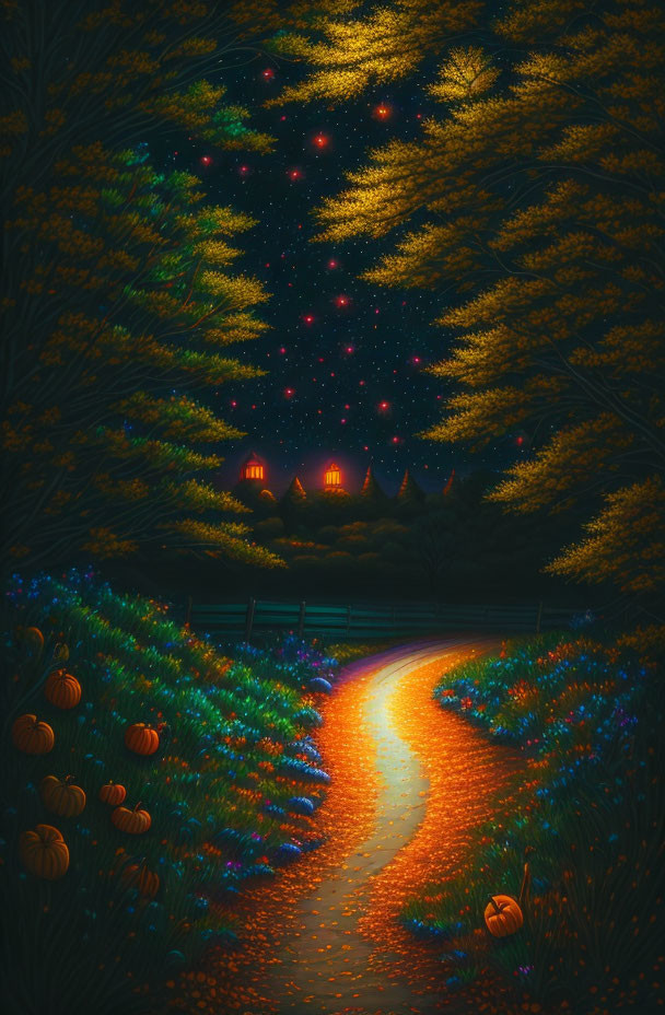 Autumn night scene with pumpkins, glowing flowers, trees, and lanterns