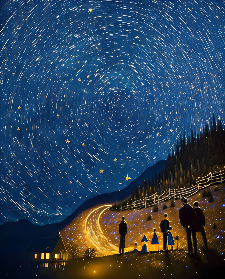 Night sky with circular star trails over mountain landscape and illuminated house.