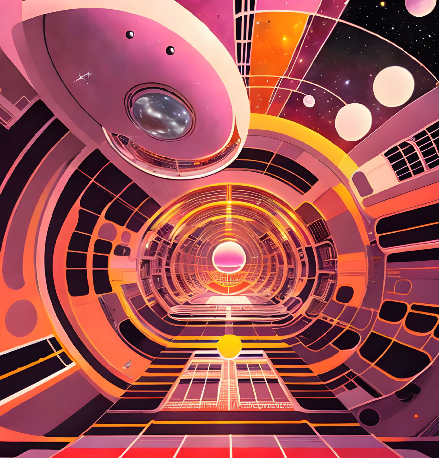 Sci-fi spaceship corridor illustration with warm tones and circular patterns