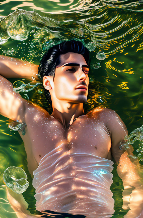 Dark-haired young man floating in sunlit water, gazing up with glistening droplets.