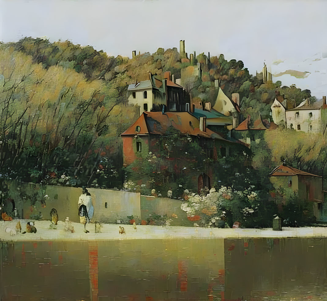 Tranquil lakeside village painting with houses, trees, and people by the water