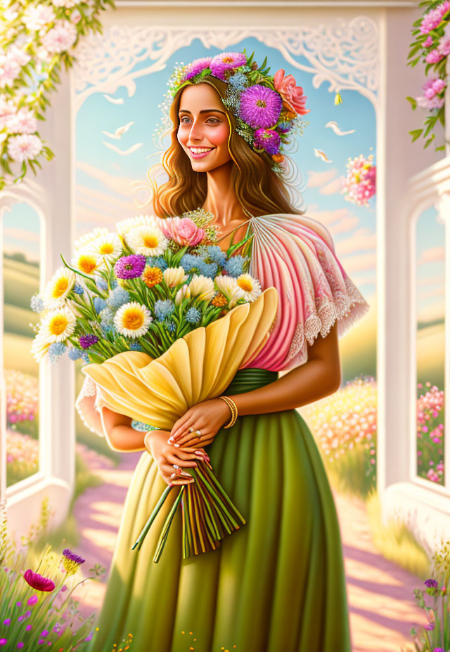 Smiling woman with flower crown holding bouquet in pastoral landscape