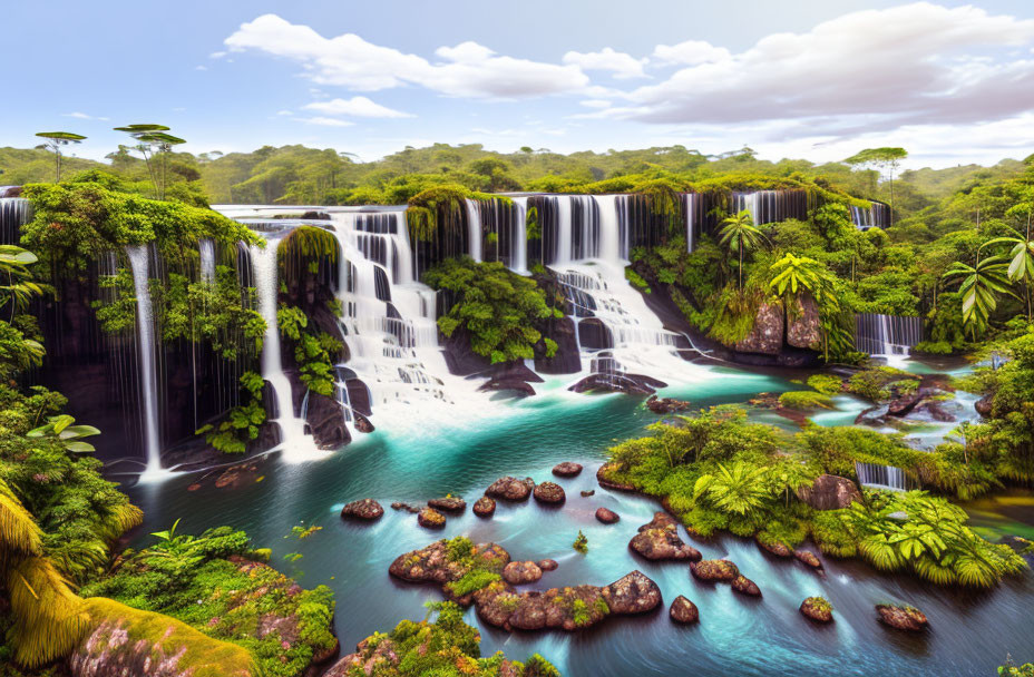 Majestic multi-tiered waterfall in lush tropical rainforest