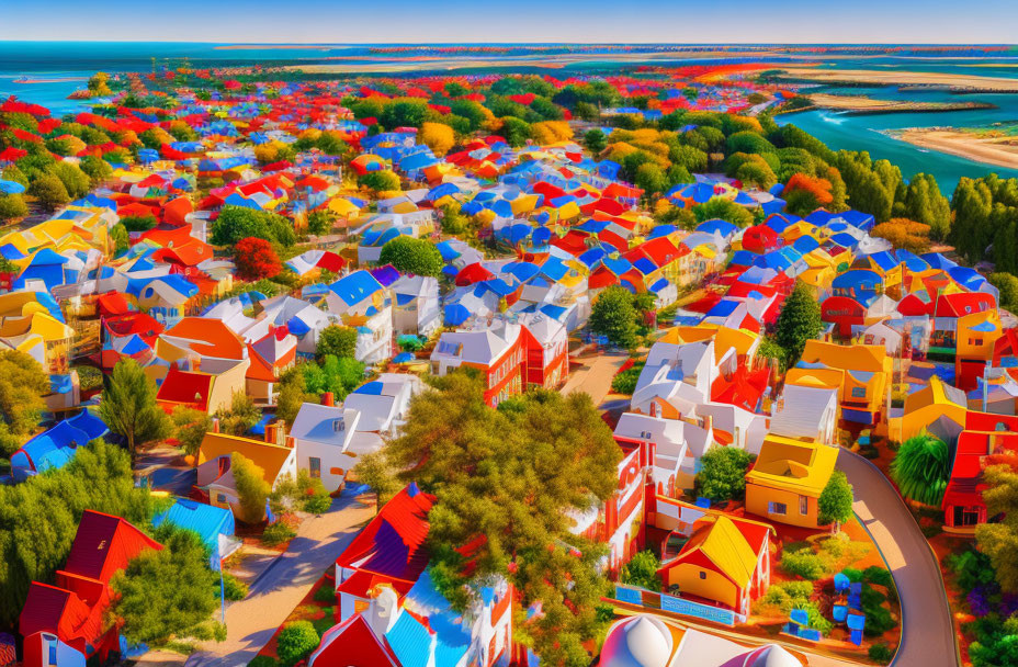 Colorful Residential Area with Red, Blue, and Yellow Roofs and Waterway