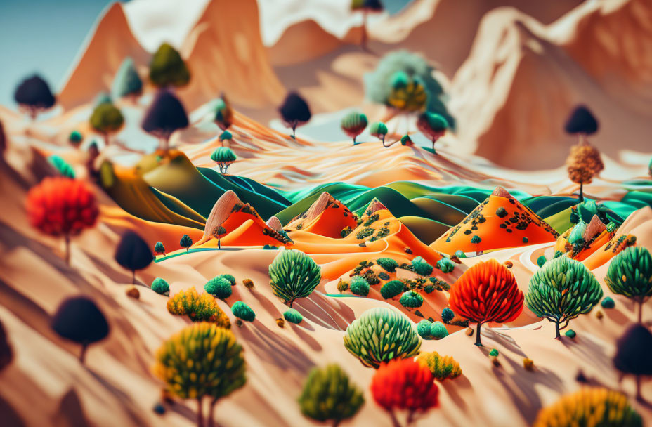 Vibrant surreal desert landscape with colorful dunes and stylized trees