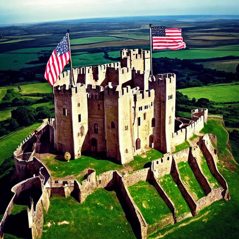 Medieval castle with American flags in green fields