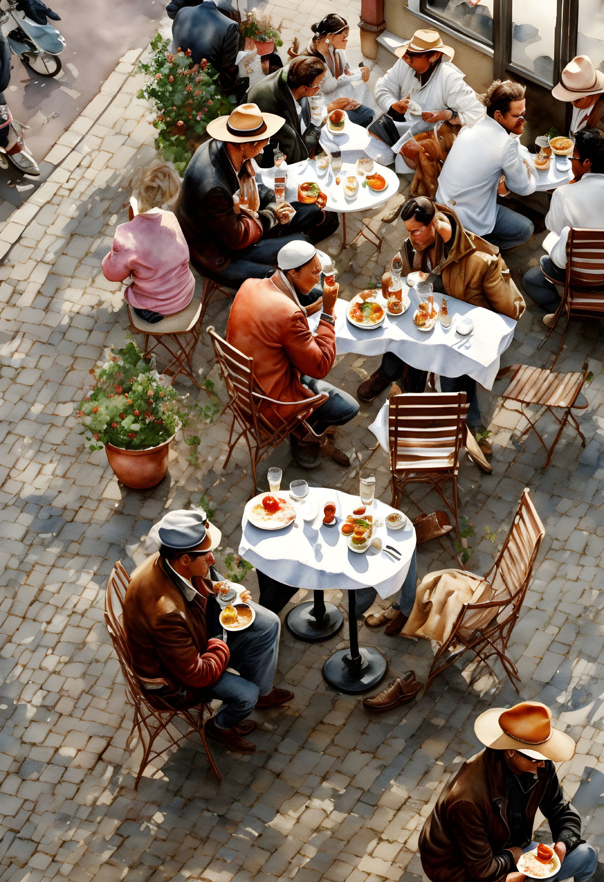 Outdoor Dining Scene: People Enjoying Meals and Conversation