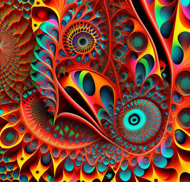 Colorful fractal image with intricate swirling patterns in red, blue, green, and yellow