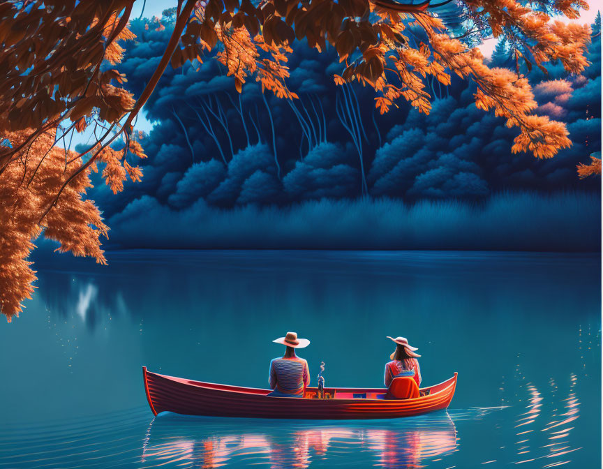 Red Canoe on Calm Lake Surrounded by Orange Foliage