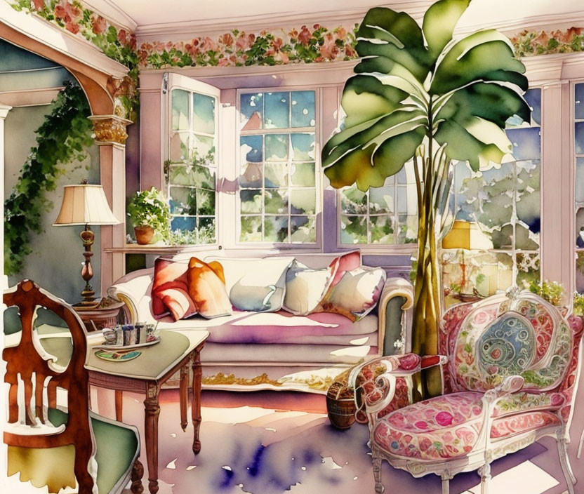 Sunlit room with floral wallpaper, lush plants, plush sofa, ornate chair, garden view.