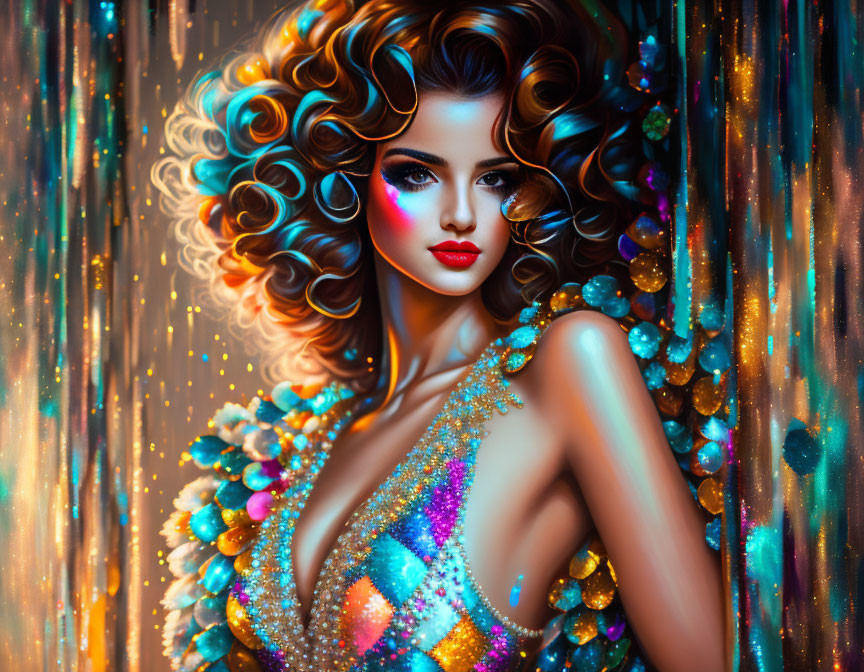 Colorful portrait of a woman with curly hair, glitter makeup, sequined dress