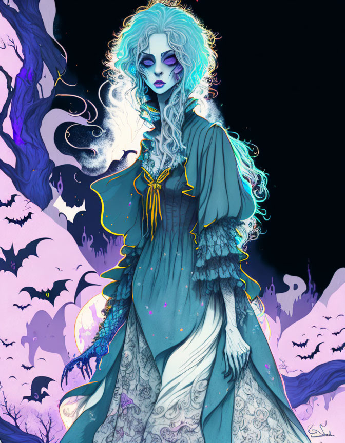 Ethereal animated character with pale blue skin in teal and gold dress on purple night backdrop.