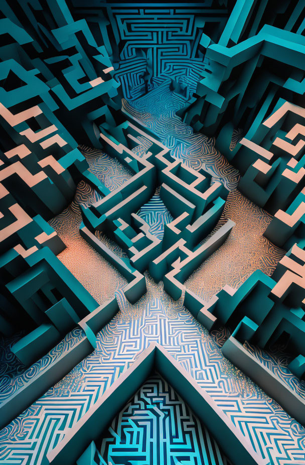 Abstract 3D Maze with Cyan and Navy Geometric Pattern