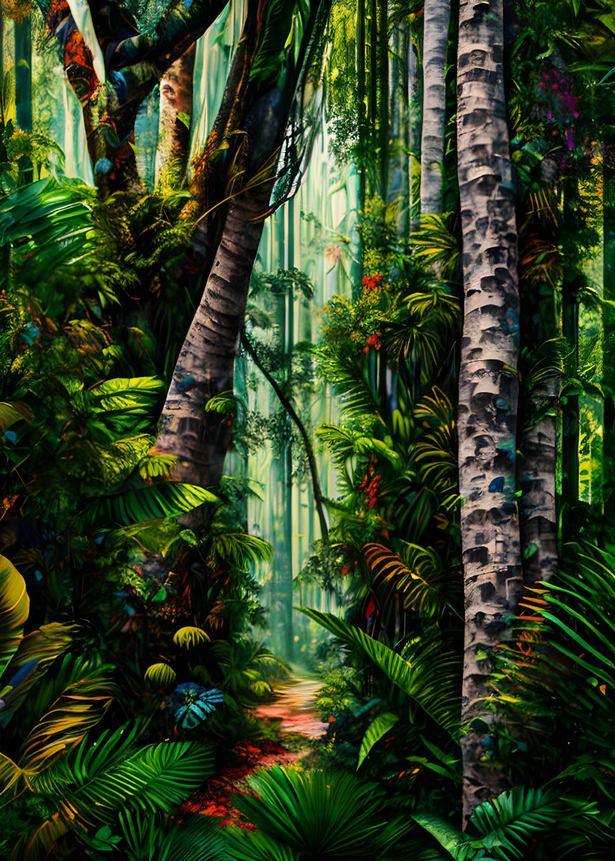 Lush Tropical Jungle with Vibrant Foliage and Meandering Pathway