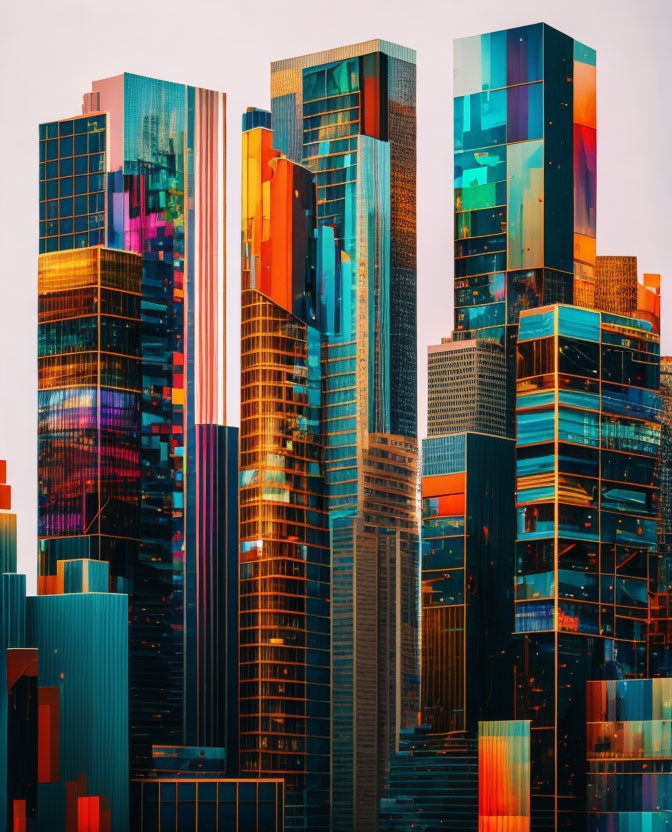 Vibrant cityscape: Colorful modern skyscrapers against soft-hued dusk sky