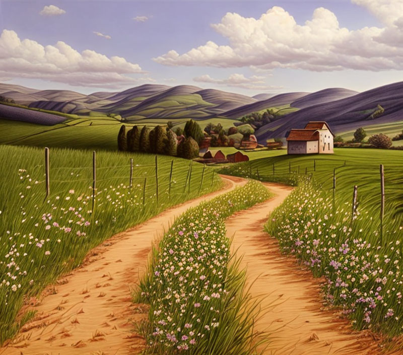 Rural landscape with wildflowers, house, and green hills