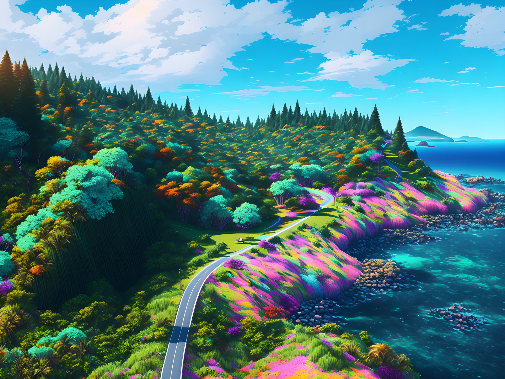 Colorful Coastal Road Through Lush Forest and Ocean