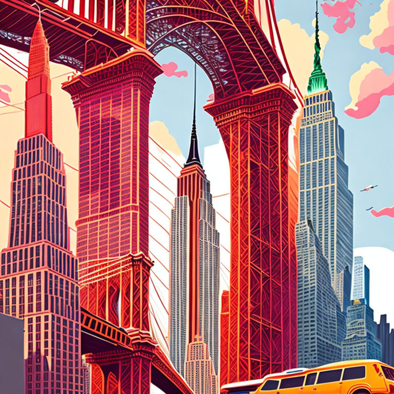 Illustration of New York City skyline with iconic landmarks in pink sky