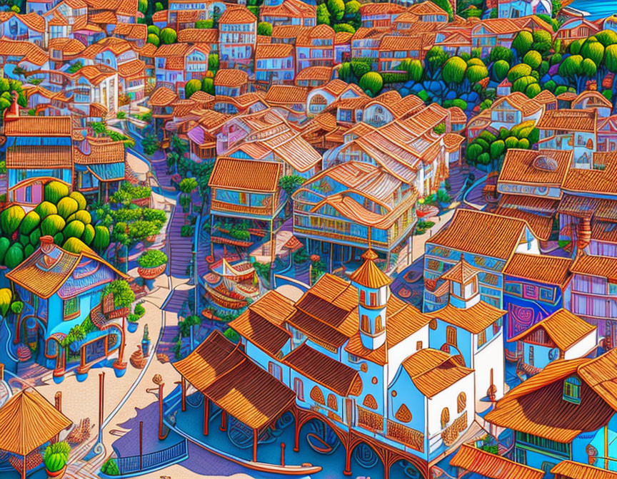 Vibrant illustration of whimsical village with colorful houses and lush greenery